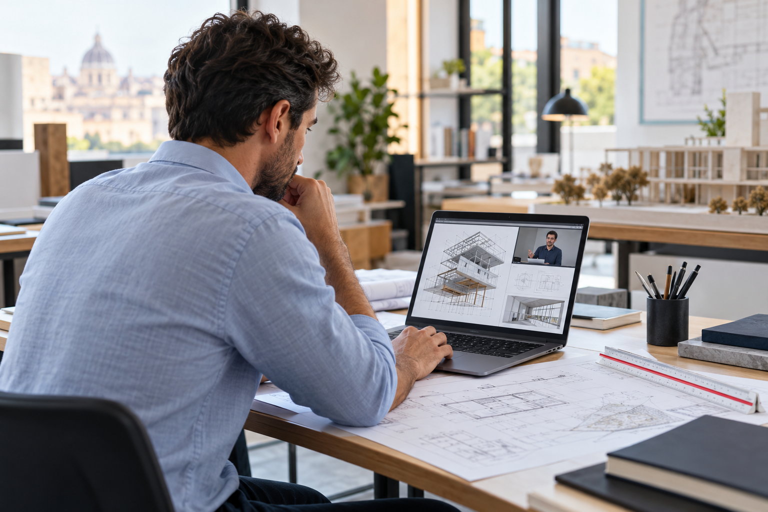 Ingegnere che segue un corso online nel proprio studio professionale