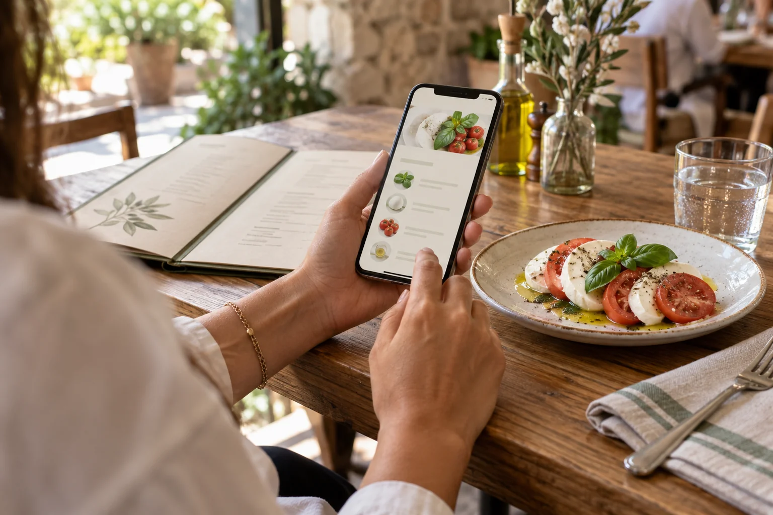 Cliente al tavolo di un ristorante che consulta uno smartphone accanto al menù e a una caprese