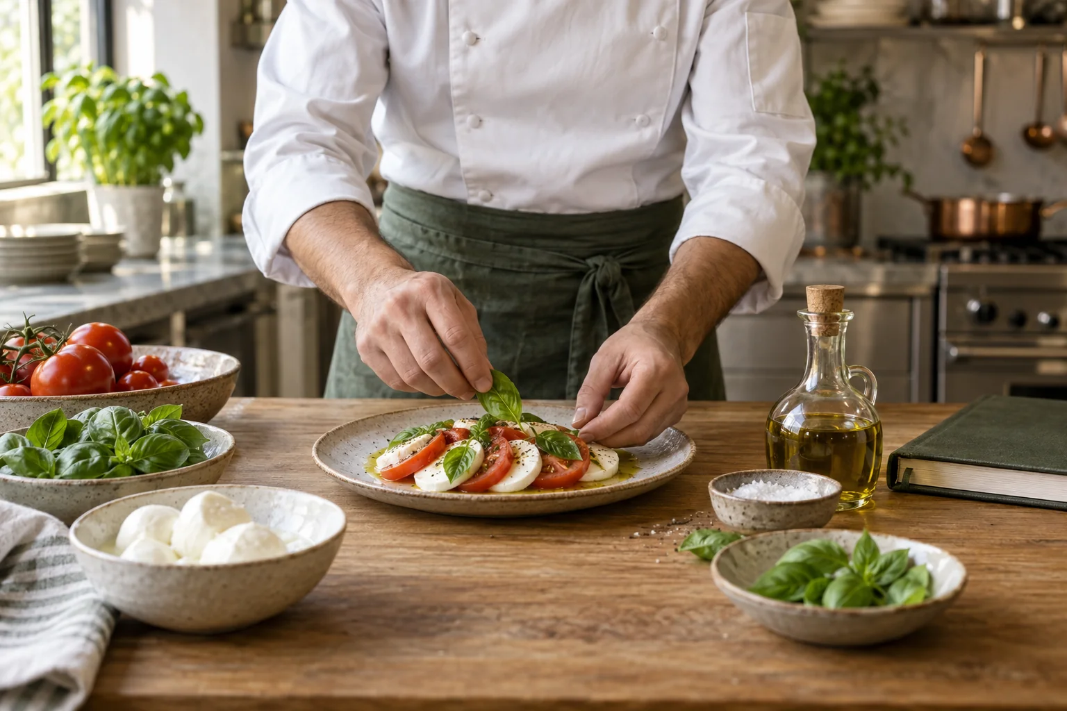 Chef che prepara una caprese con pomodori, mozzarella e basilico in una cucina professionale